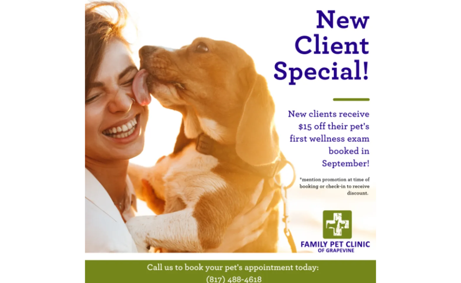 Brown dog licking a girls face - New Client Special promotion flyer